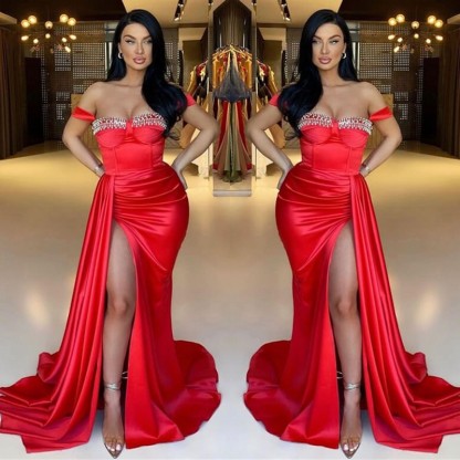 Red Mermaid Off-The-Shoulder Beadings Sweetheart Evening Dress Long With Ruffles Split