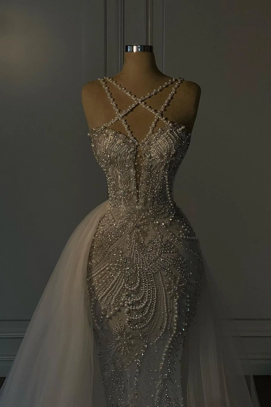 Halter Sleeveless Mermaid Long Formal Dress With Beading Tulle