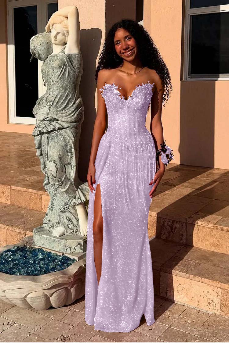 Red Strapless Sleeveless Long Mermaid Formal Dress With Sequins Split