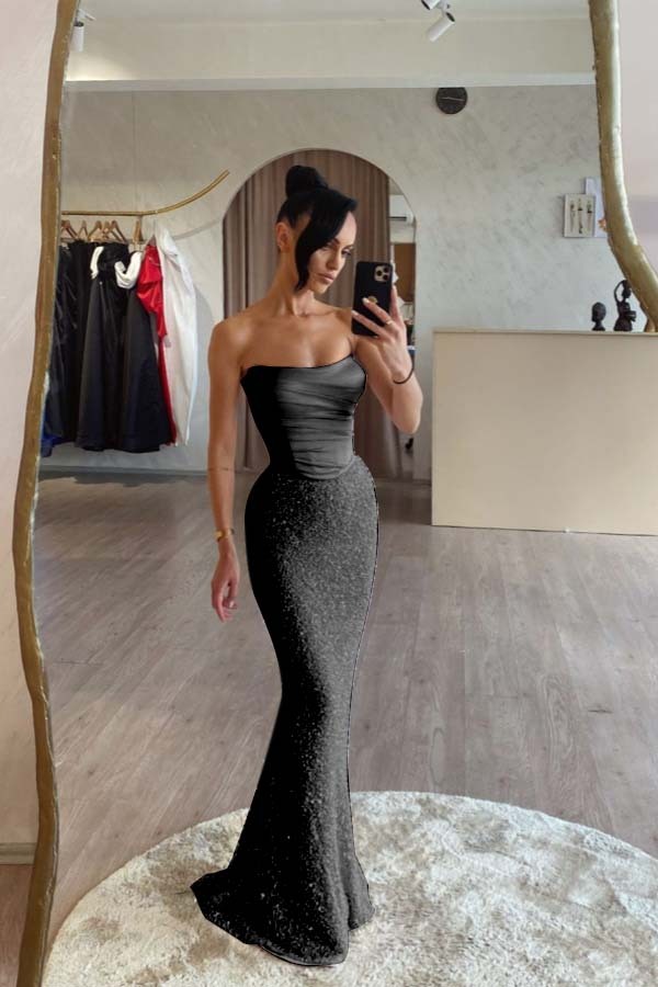 Strapless Sleeveless Long Mermaid Formal Dress With Sequin Pleated