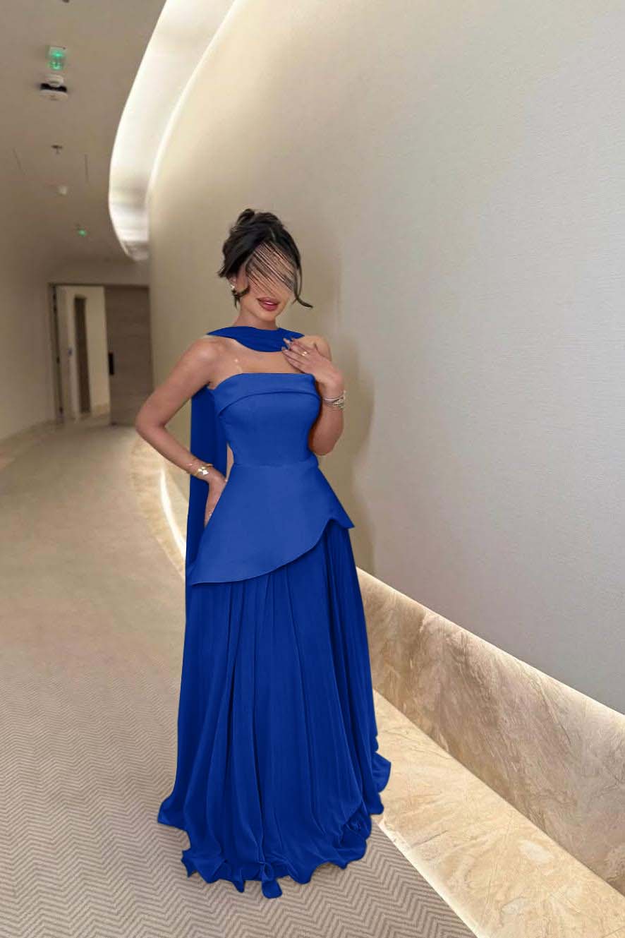 Chic Strapless Sleeveless Long Formal Dress With Ruffles Pleated