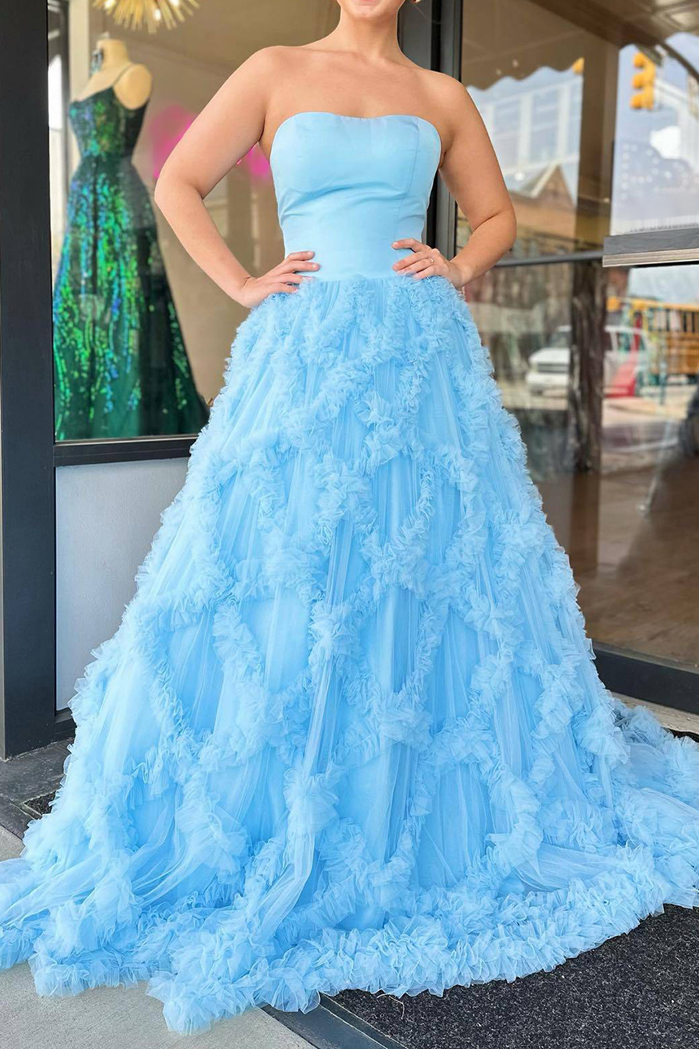Blue Strapless Long Prom Dress with Elegant A Line and Ruffles