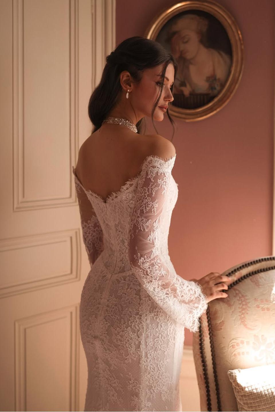 Off the Shoulder Long Sleeves Long Formal Dress With Lace Appliques