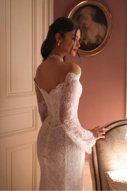Off the Shoulder Long Sleeves Long Formal Dress With Lace Appliques