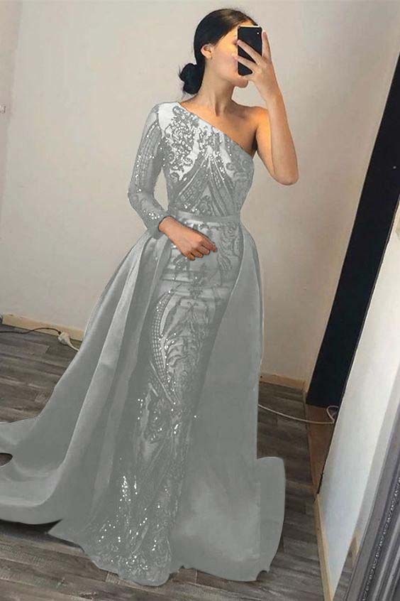 Dark Green Overskirt One Shoulder Long Sleeve Mermaid Formal Dress With Sequins