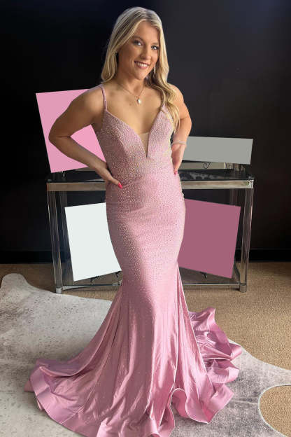 Long Prom Dress with Light Pink Spaghetti Straps and Keyhole Beading