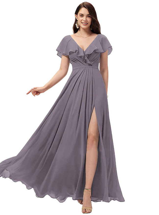 Chiffon Ruffles Bridesmaid Dress with Split