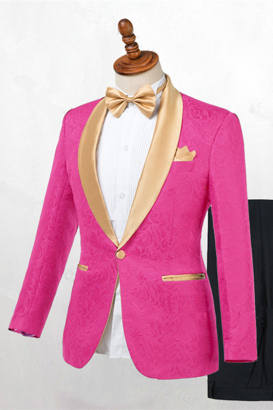 Gentle Pink Tuxedo One-Button Wedding Suit with Jacquard for Men