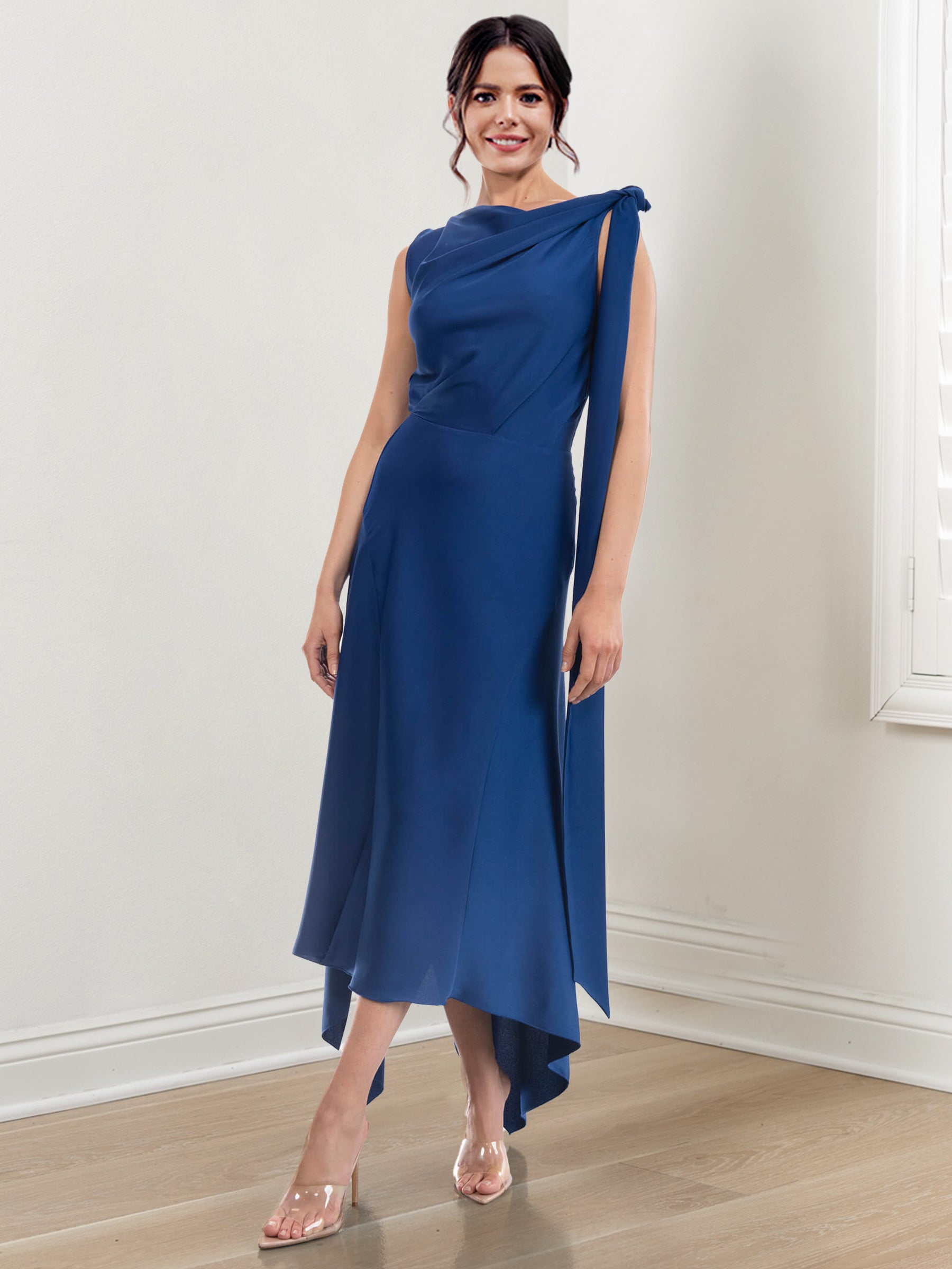 Asymmetrical Tea-Length Mother of the Bride Sheath Dress with Ruched Column Jewel Neck