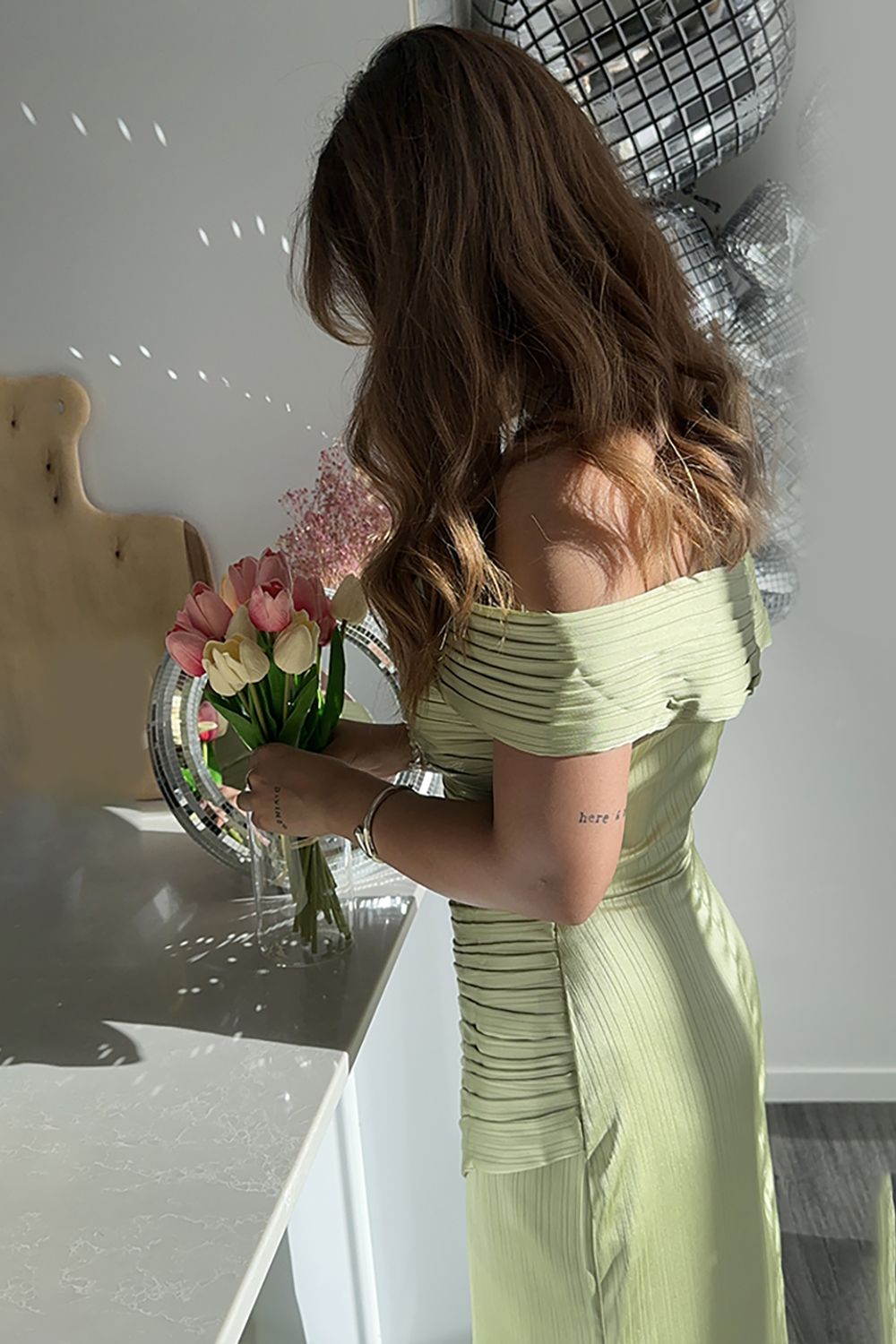 Long Green Formal Mermaid Dress with Off-Shoulder Ruched Design