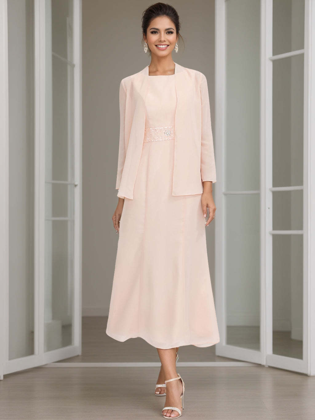 Tea-Length Mother of the Bride Sheath Dress with Beaded Jacket