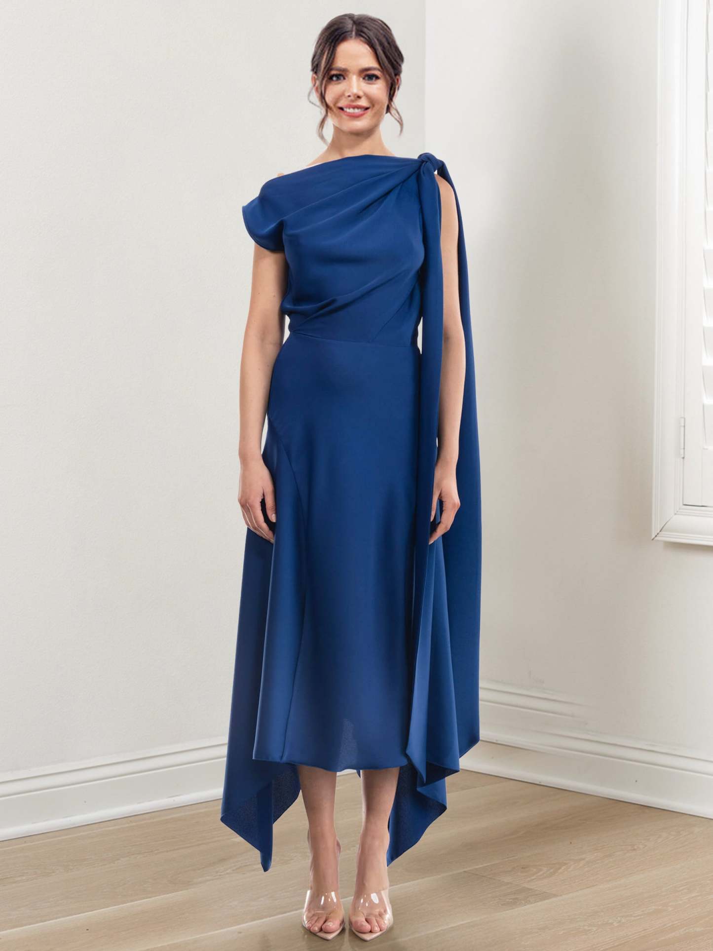 Asymmetrical Tea-Length Mother of the Bride Sheath Dress with Ruched Column Jewel Neck