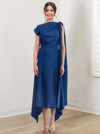 Asymmetrical Tea-Length Mother of the Bride Sheath Dress with Ruched Column Jewel Neck