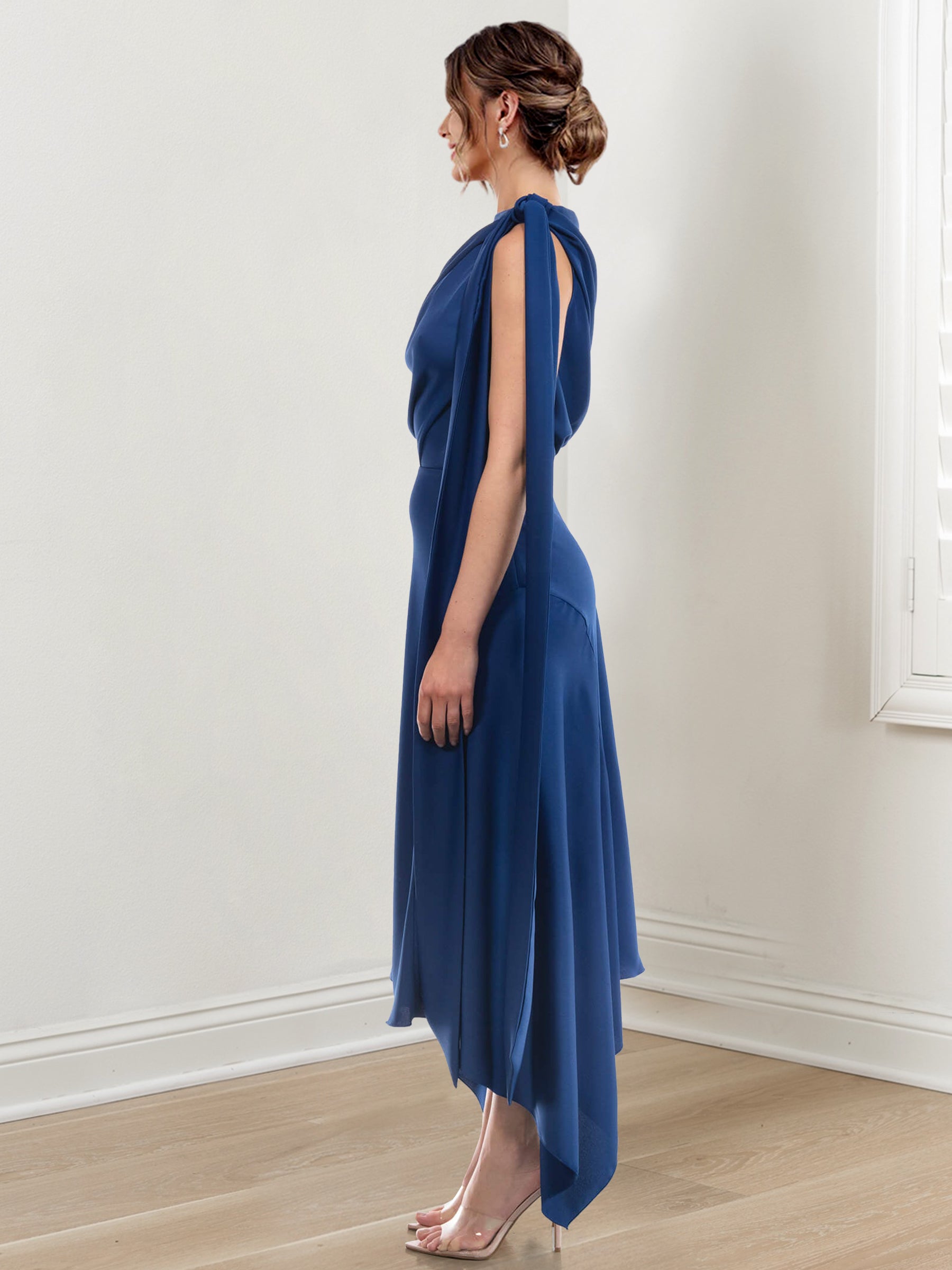Asymmetrical Tea-Length Mother of the Bride Sheath Dress with Ruched Column Jewel Neck