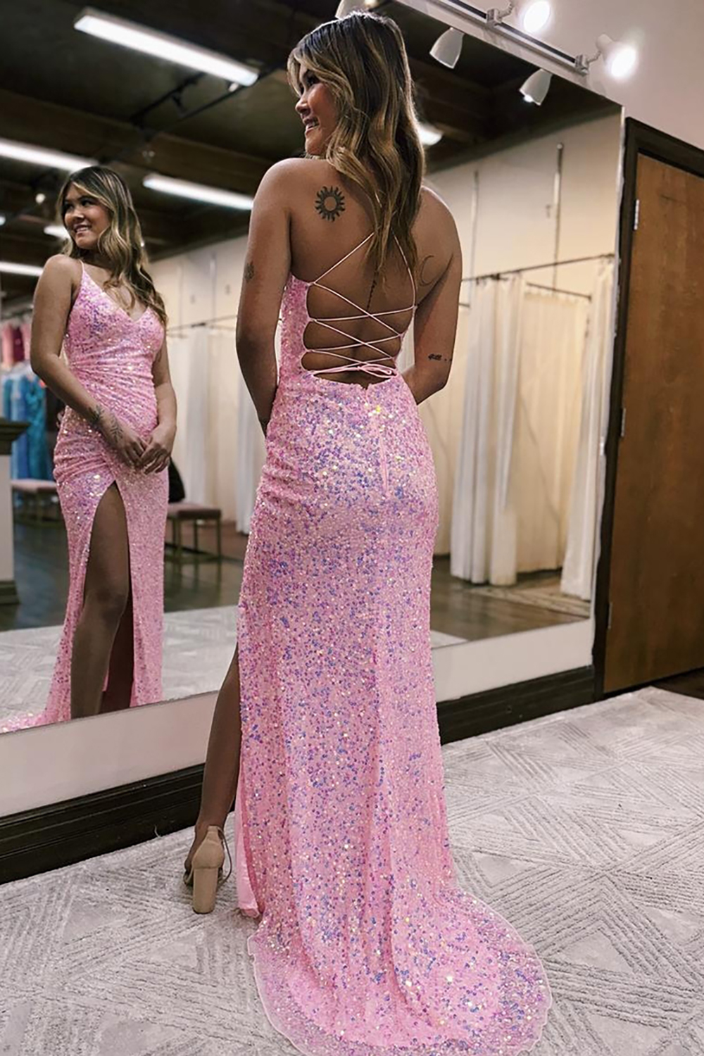 Long Pink Mermaid Prom Dress with Sparkly Sequins and Spaghetti Straps Featuring a Slit