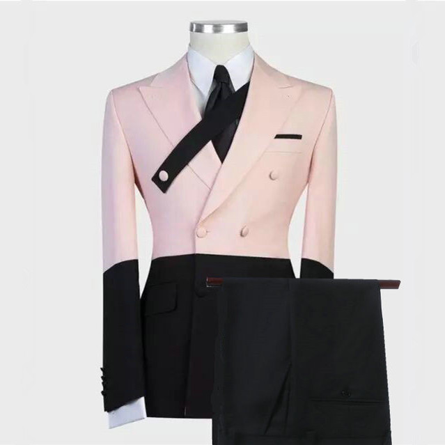 Stitching Pink and Black Peaked Lapel Ring Bearer Suits with Double-Breasted