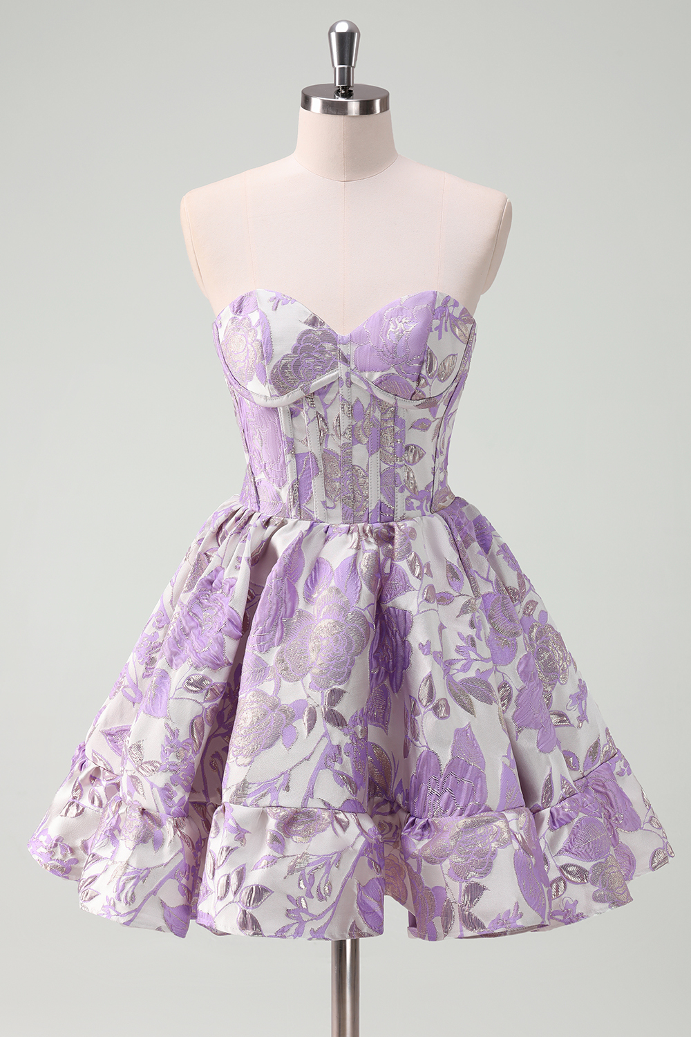 Floral Printed Blue Strapless A-Line Corset Homecoming Dress with Ruffles