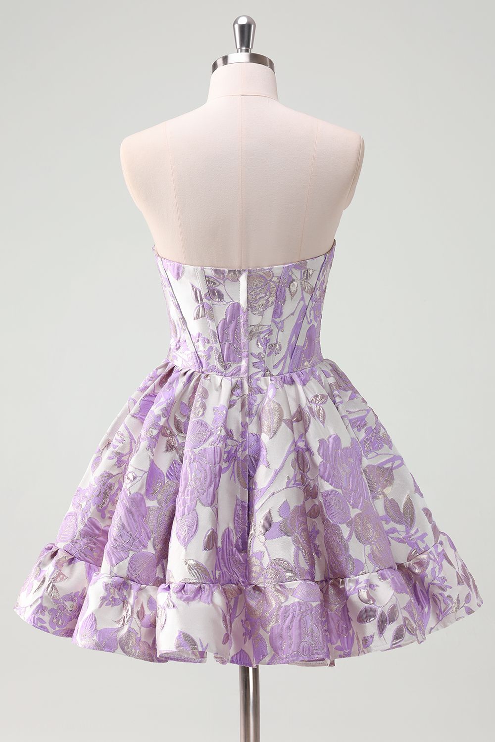 Floral Printed Blue Strapless A-Line Corset Homecoming Dress with Ruffles