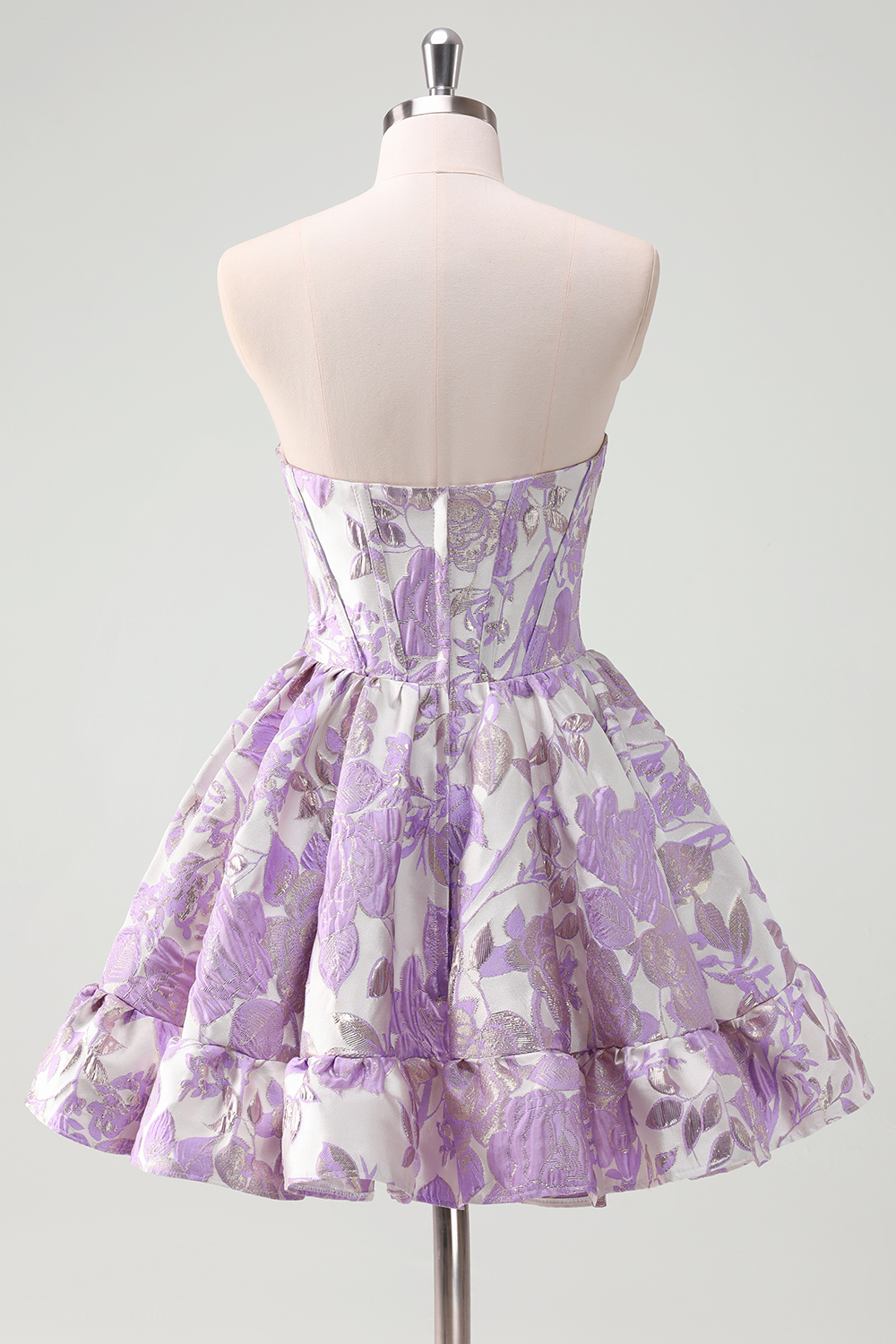 Floral Printed Blue Strapless A-Line Corset Homecoming Dress with Ruffles