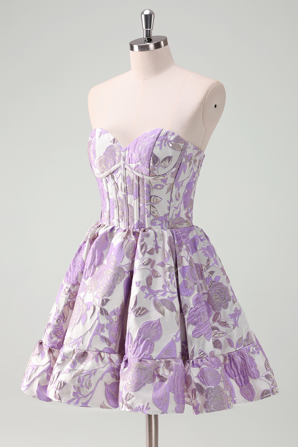 Floral Printed Blue Strapless A-Line Corset Homecoming Dress with Ruffles