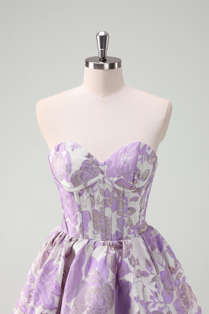 Floral Printed Blue Strapless A-Line Corset Homecoming Dress with Ruffles