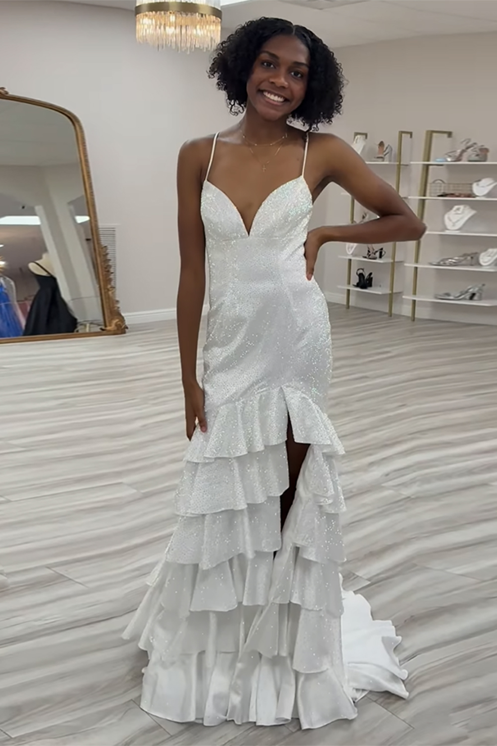 Long Sparkly Mermaid Prom Dress in Royal Blue with Beaded Tiers and Slit