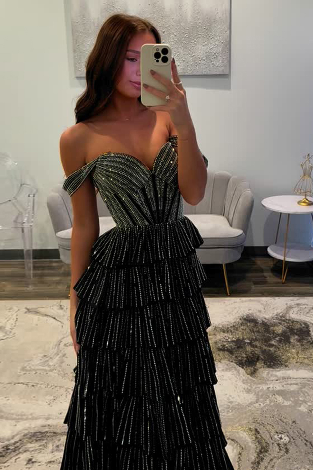 Royal Blue Glitter Off-Shoulder Tiered A-Line Corset Prom Dress with Beading