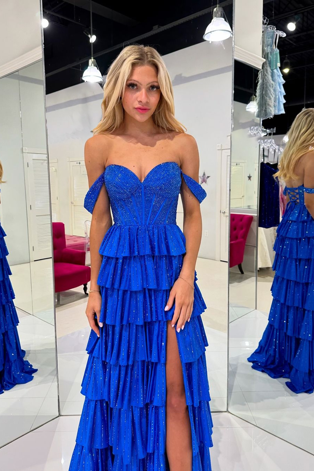 Royal Blue Glitter Off-Shoulder Tiered A-Line Corset Prom Dress with Beading