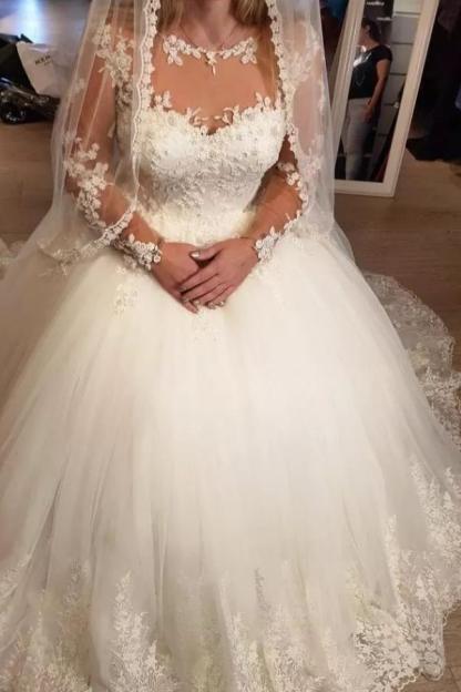Glamorous Sweetheart Tulle A-Line Long Wedding Dress with Sleeves