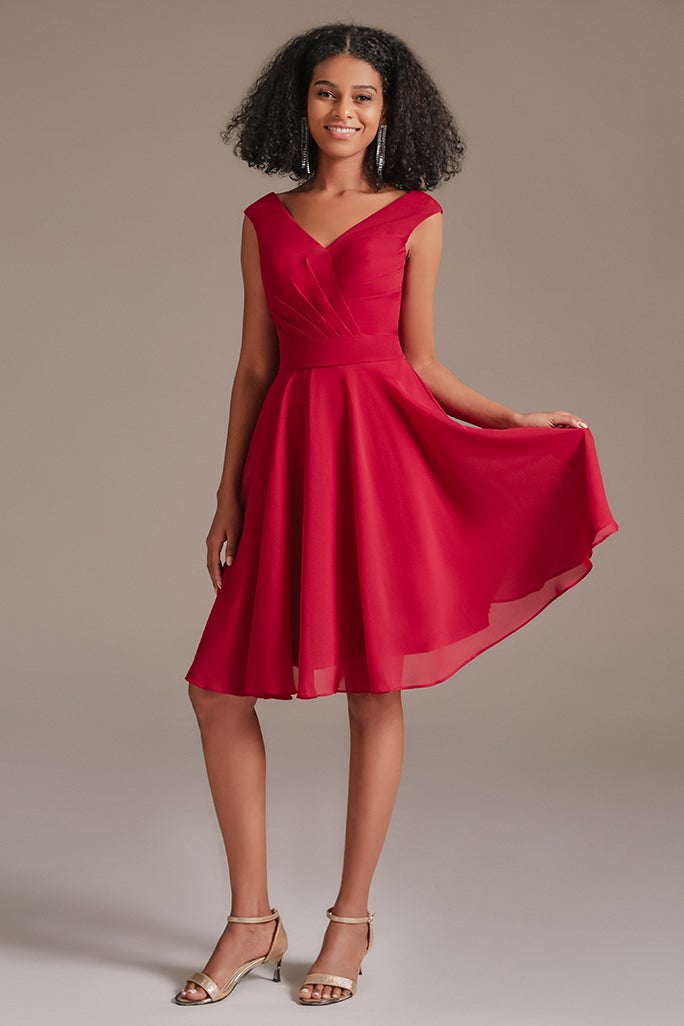 Red Junior V-Neck Bridesmaid Dress