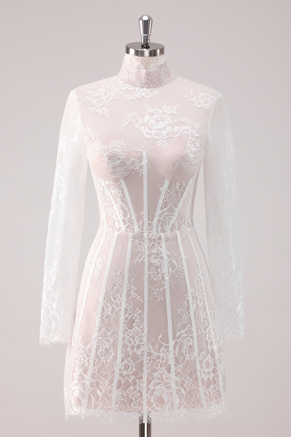 High-Neck White Lace Corset Mini Dress with Elegant Long Sleeves for Homecoming