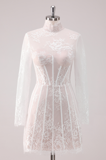 High-Neck White Lace Corset Mini Dress with Elegant Long Sleeves for Homecoming