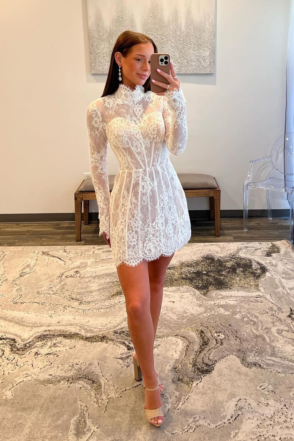 High-Neck White Lace Corset Mini Dress with Elegant Long Sleeves for Homecoming