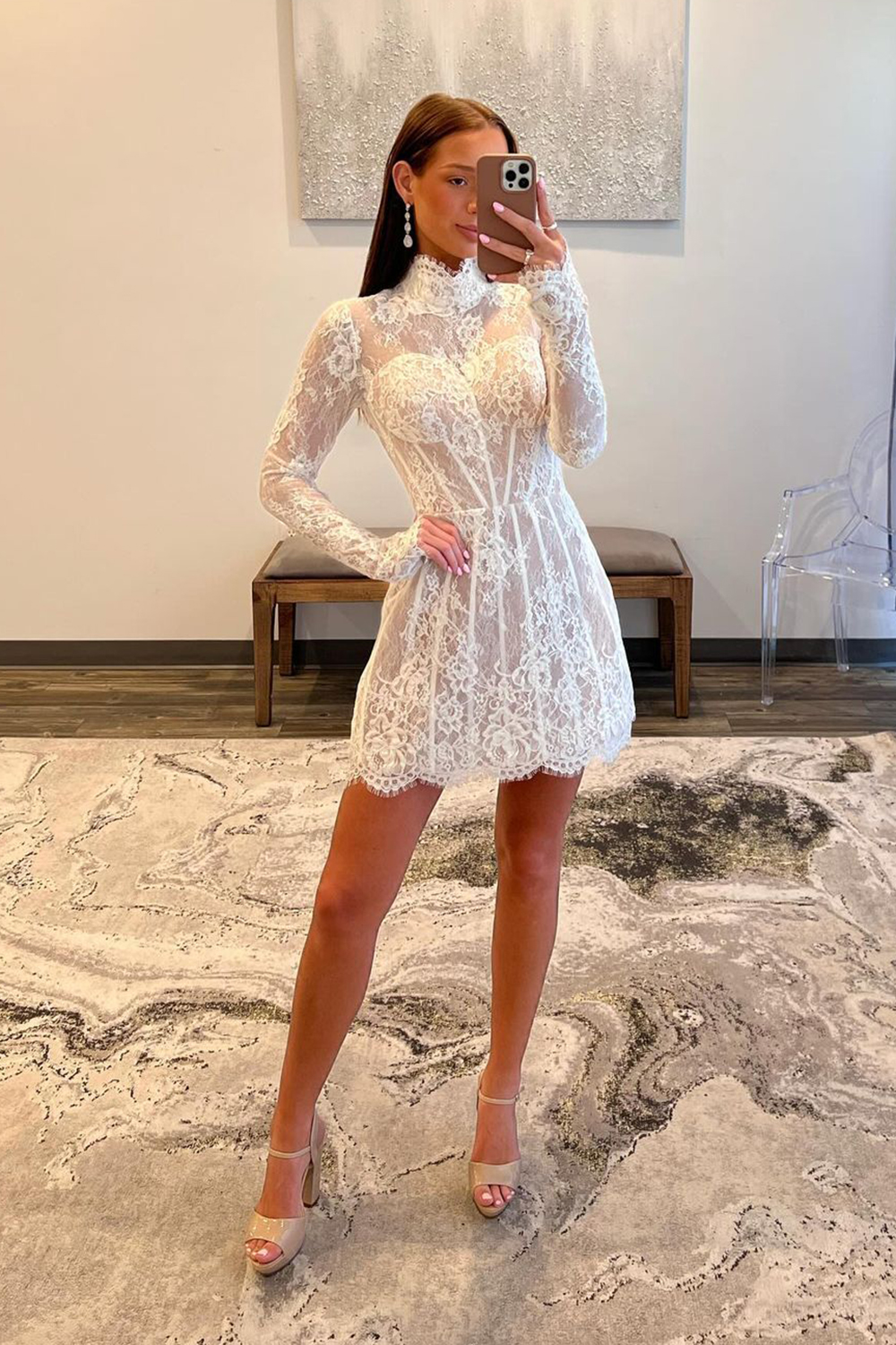 High-Neck White Lace Corset Mini Dress with Elegant Long Sleeves for Homecoming
