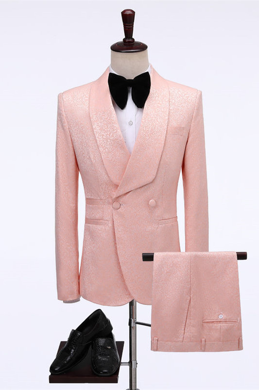 Stylish Pink Jacquard Double-Breasted Wedding Suit with Shawl Lapel