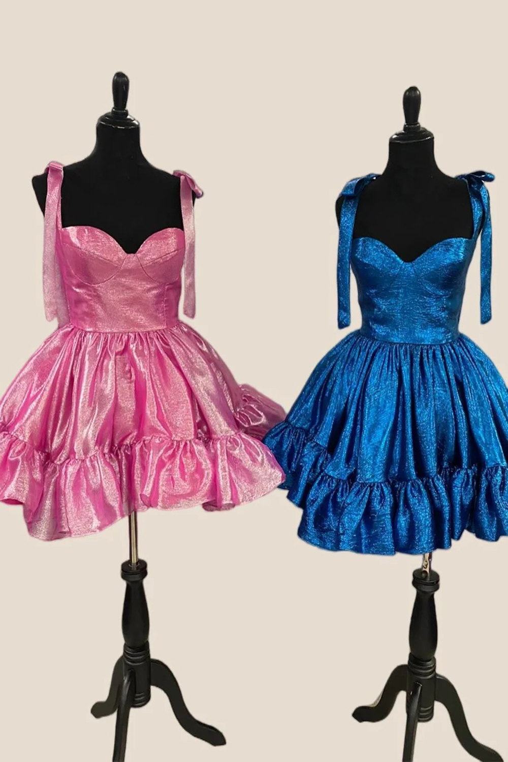 A Line Short Corset Homecoming Dress with Metallic Pink Adjustable Straps and Ruffles