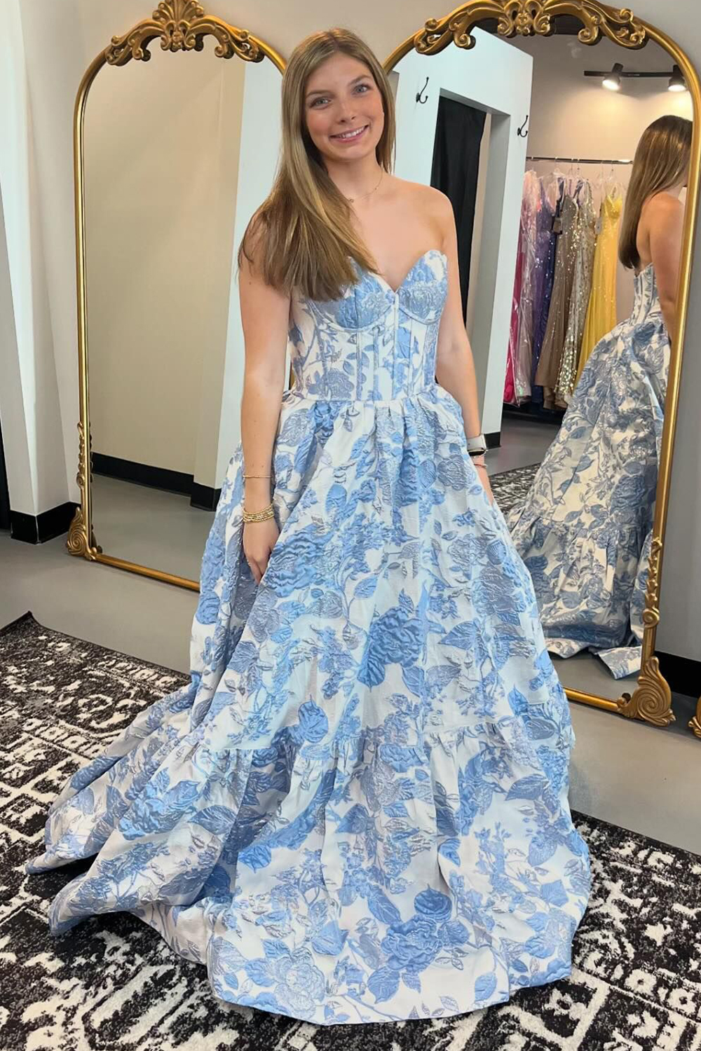 Elegant Sweetheart A-Line Corset Prom Dress in Blue Floral