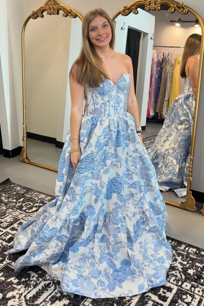 Elegant Sweetheart A-Line Corset Prom Dress in Blue Floral