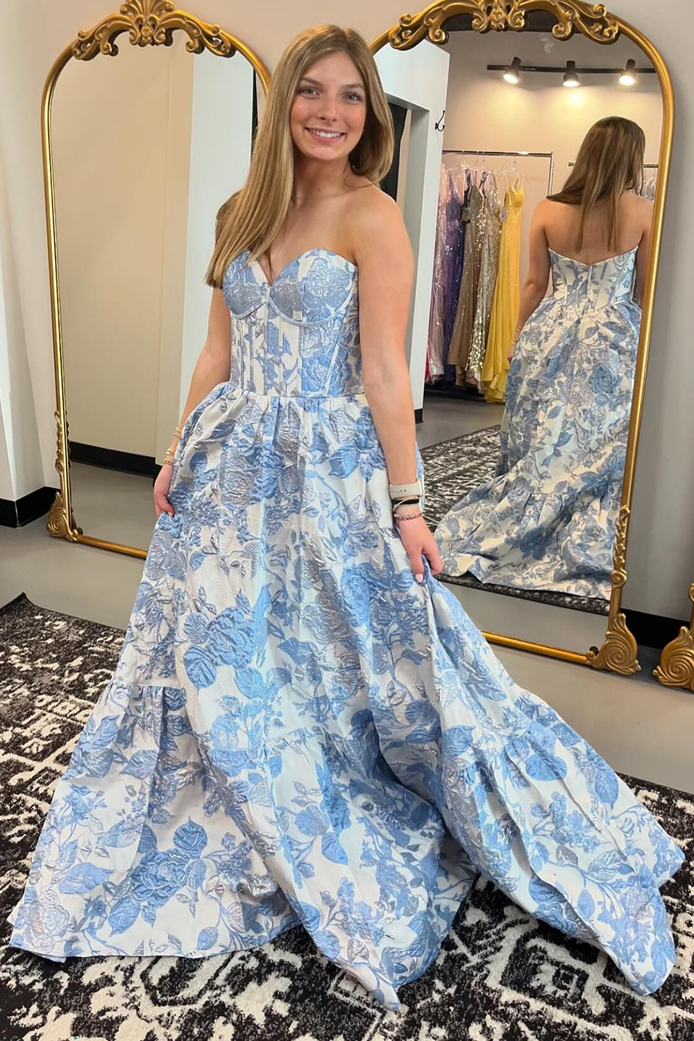 Elegant Sweetheart A-Line Corset Prom Dress in Blue Floral