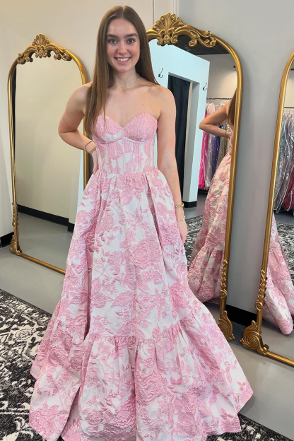 Elegant Sweetheart A-Line Corset Prom Dress in Blue Floral