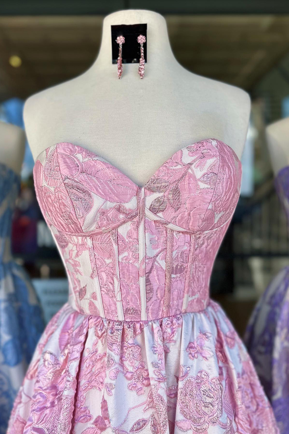 Elegant Sweetheart A-Line Corset Prom Dress in Blue Floral