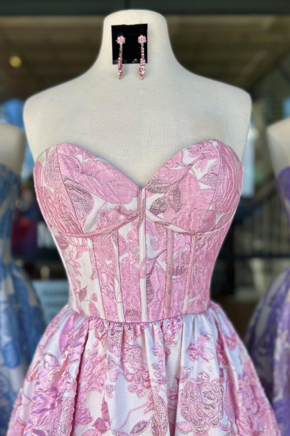 Elegant Sweetheart A-Line Corset Prom Dress in Blue Floral