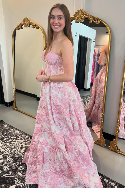 Elegant Sweetheart A-Line Corset Prom Dress in Blue Floral