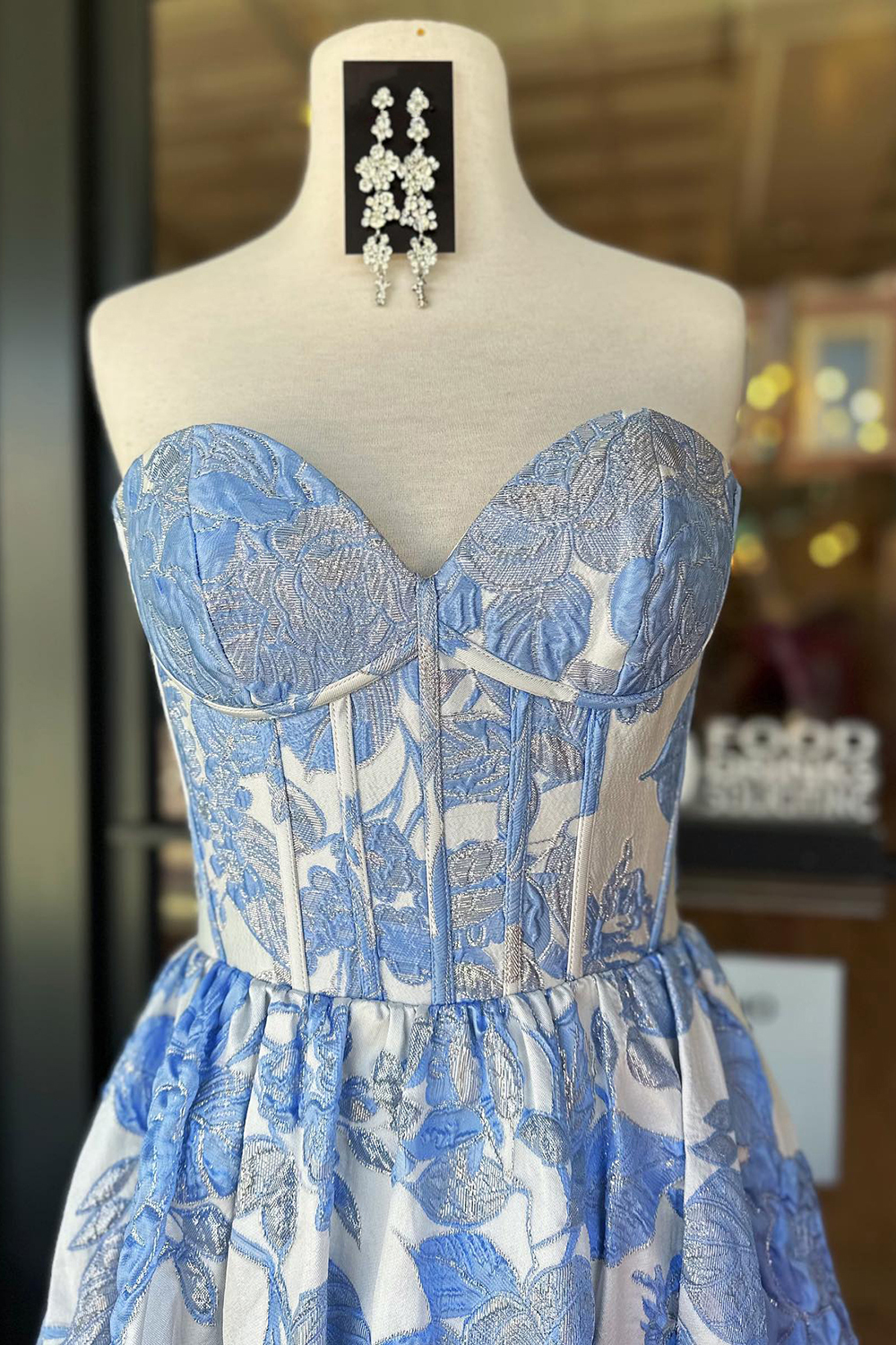 Elegant Sweetheart A-Line Corset Prom Dress in Blue Floral