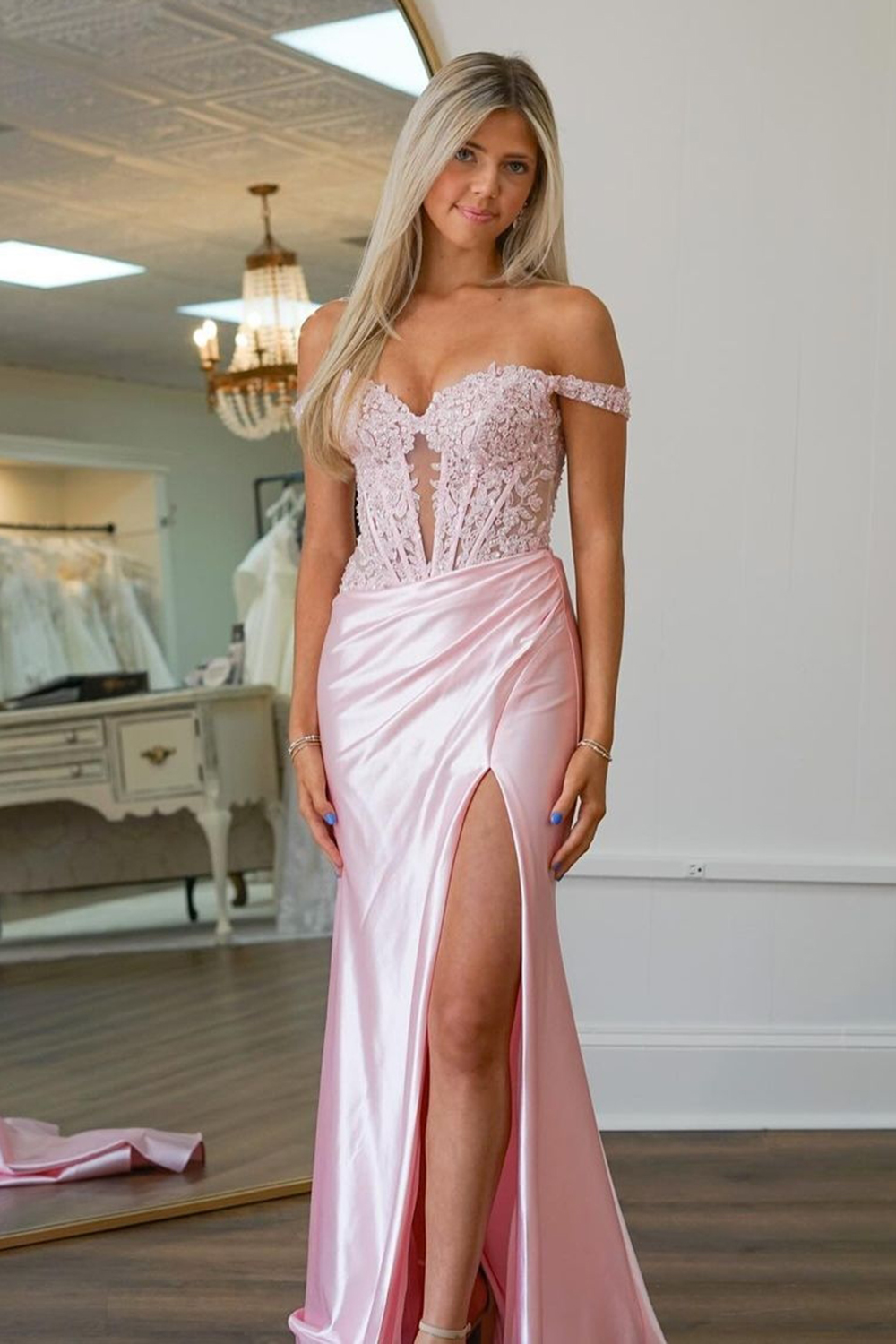 Long Fuchsia Satin Corset Prom Dress with Lace Off-the-Shoulder