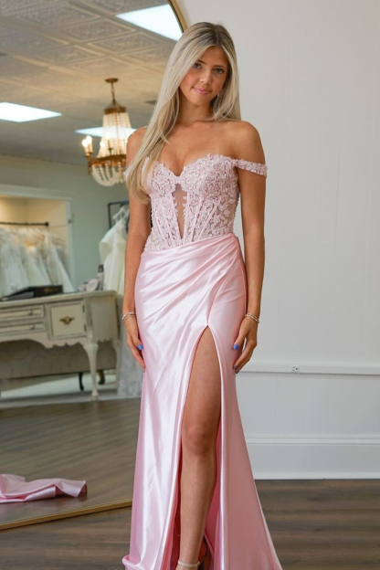 Long Fuchsia Satin Corset Prom Dress with Lace Off-the-Shoulder