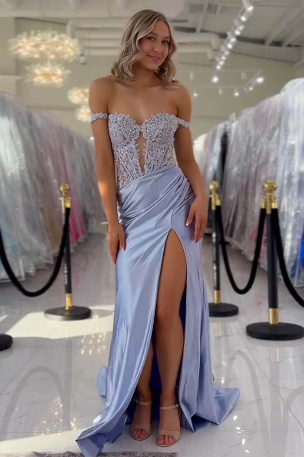 Long Satin Prom Dress with Lace in Pink Off the Shoulder Corset Style