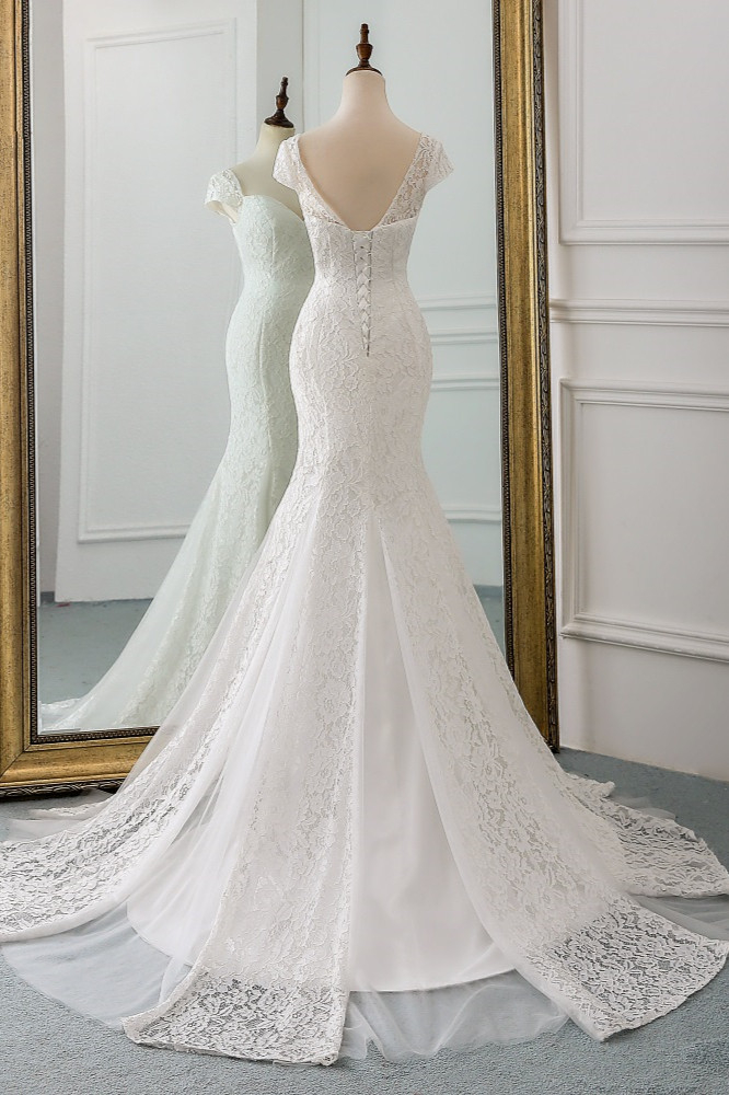 Elegant Mermaid Sweetheart Lace Long Wedding Dress with Cap-Sleeves