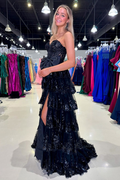 Long Black Sparkly A-Line Corset Prom Dress with Sweetheart Neckline Ruffles Sequins and Bow