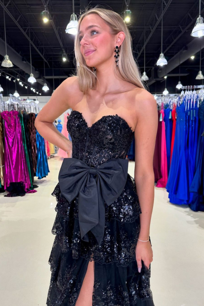 Long Black Sparkly A-Line Corset Prom Dress with Sweetheart Neckline Ruffles Sequins and Bow